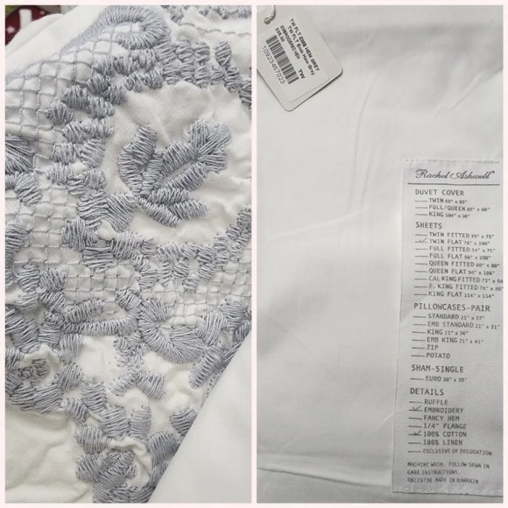 NEW Rachel Ashwell GREY Embroidered TWIN Flat Sheet 100% Cotton